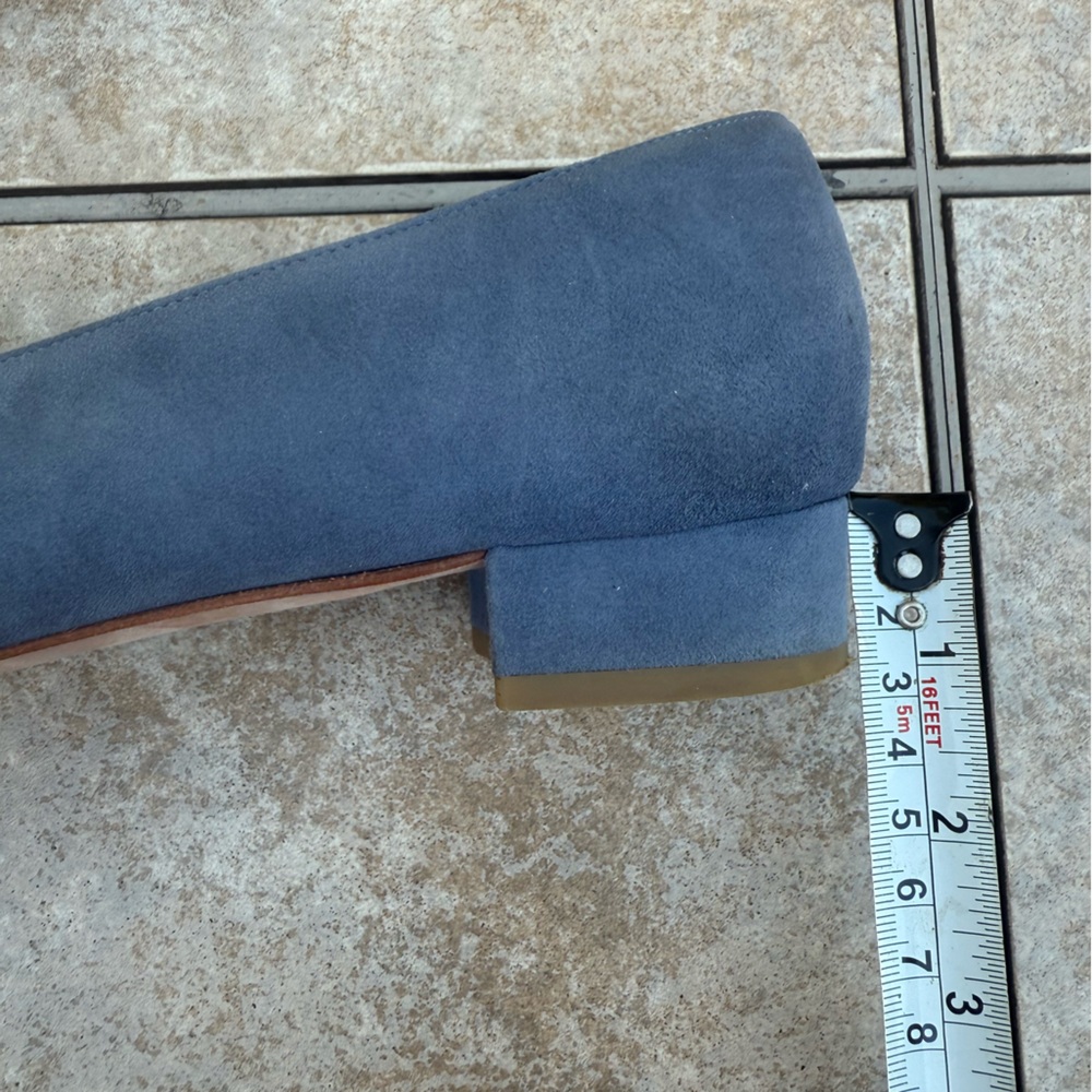 ANN MASHBURN Powder Blue Suede Low Block Heel Pumps with Decorative Buckle - Picture 8 of 14